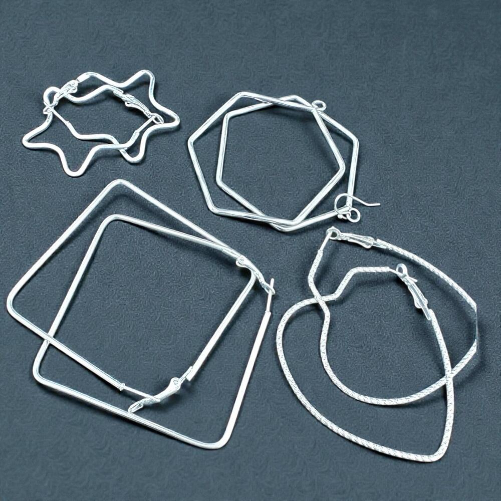Geometric Hoop Earrings Lot Silver Tone Large Star Heart Square Hexagon Minimal
